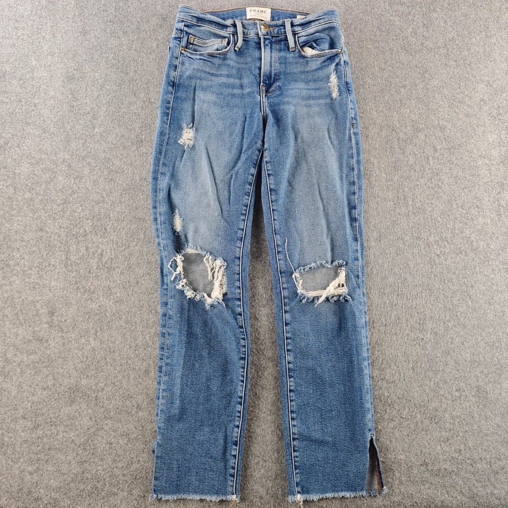 FRAME Le Nouveau Straight Jeans Womens 26 Blue Distressed Raw Hem Side Slit